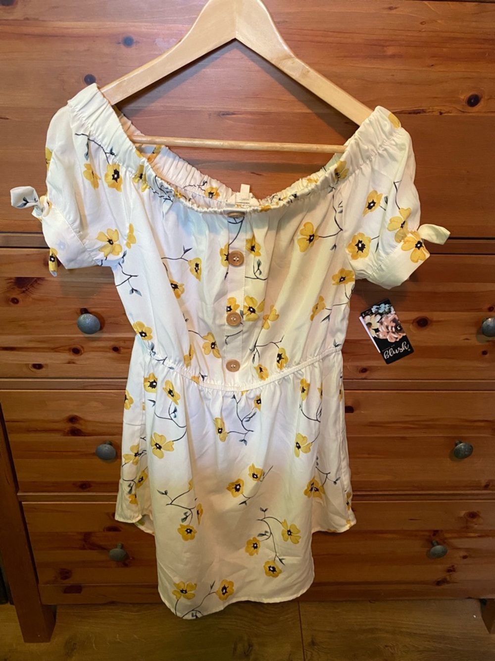 Strapless summer mini dress with Yellow Floral Print by Blush.